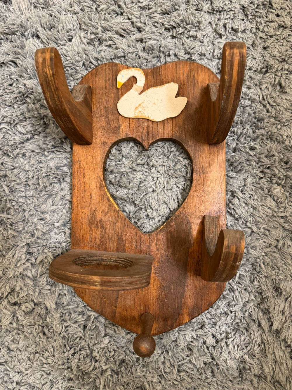 Vintage Wooden heart goose hair dryer holder wall decor - Brown